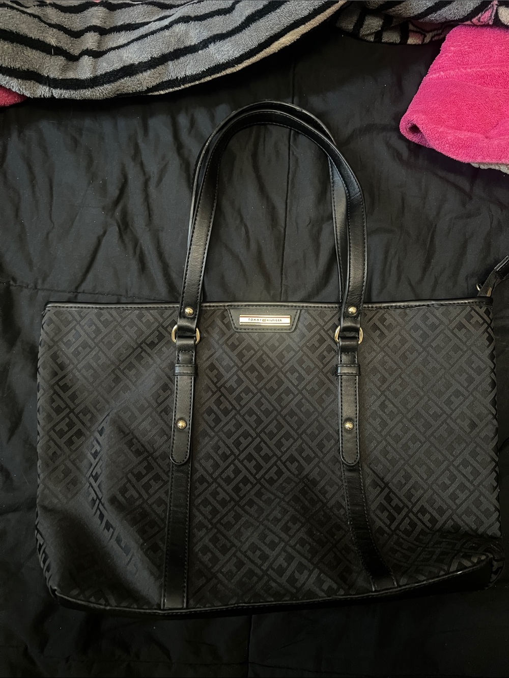 Tommy Hilfiger Black Jacquard Logo Tote with Gold Plaque
